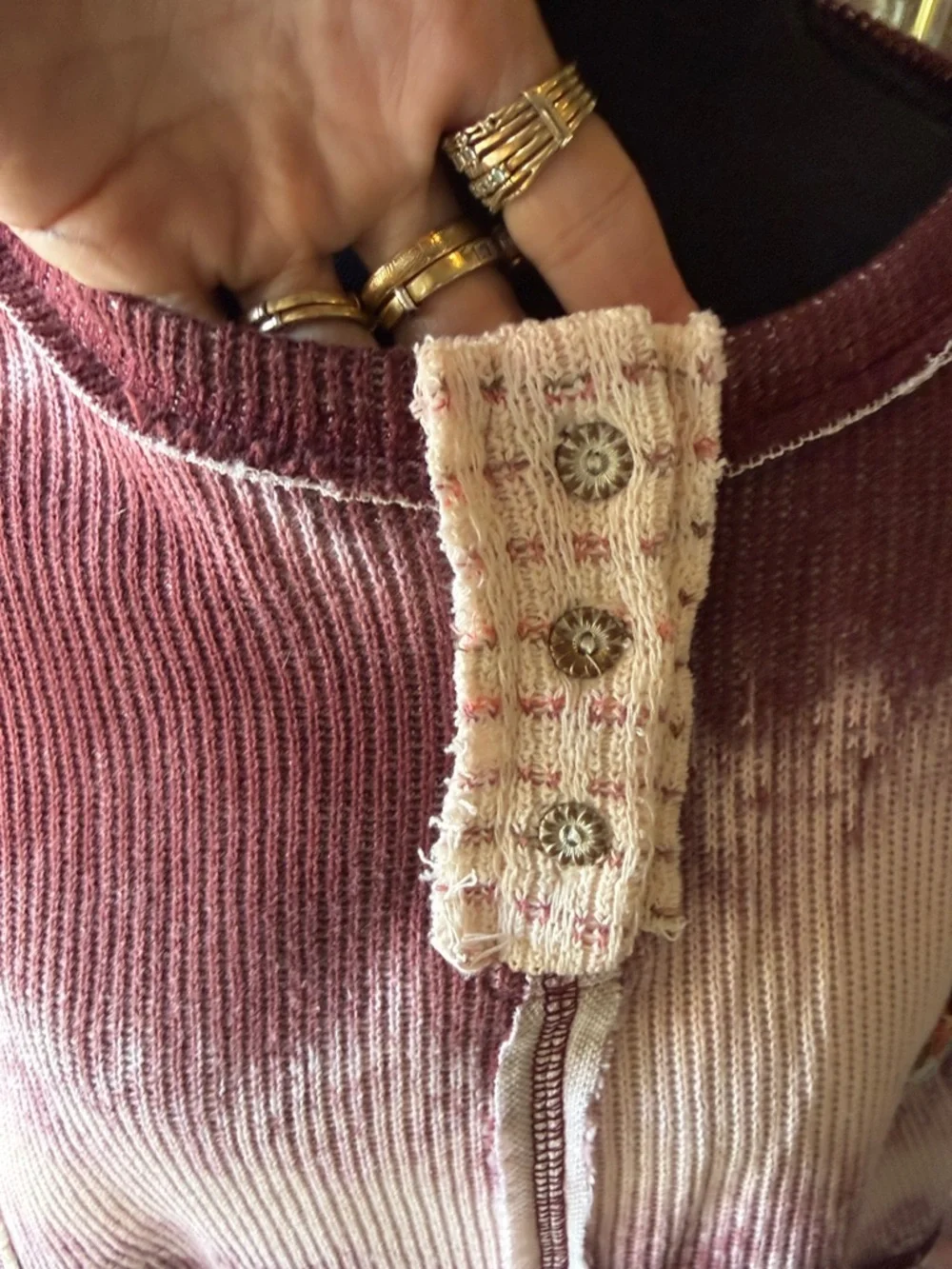 POL WILD BERRY/FLORAL  Cream Tie-Dye Patchwork button down long sleeve top - Picture 3 of 12